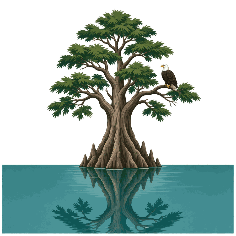 Bald cypress standing in Reelfoot Lake with an eagle perched on a limb